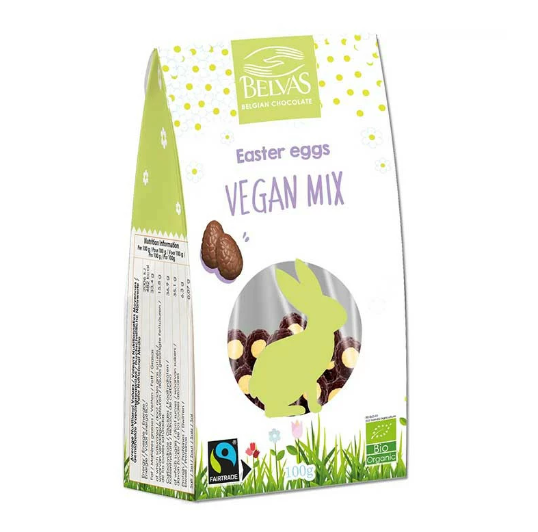 Oeufs de Pâques Vegan (et sans film Alu) - Mix (noir/noir praliné/ chocolat au lait de riz/praliné) - 100 gr - Belvas